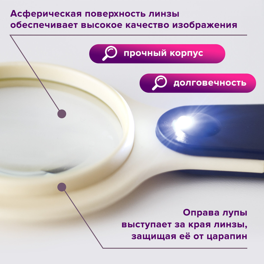 Лупа просмотровая STAFF "Manager" С ПОДСВЕТКОЙ диаметр 50 мм увеличение 5 корпус сине-бежевый (3 штуки в упаковке)
