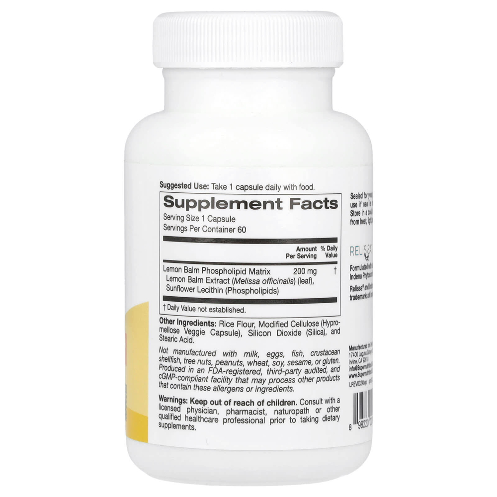 Super Nutrition, Lemon Balm Phytosome, фитосома мелиссы лекарственной с подсолнечным лецитином, 200 мг, 60 растительных капсул