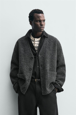 ZARA КАРДИГАН ИЗ РЕЛЬЕФНОЙ ТКАНИ С ШЕРСТЬЮ, АНТРАЦИТОВО-СЕРЫЙ