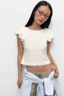 ZARA ТОП С ВОЛАНАМИ И КРУЖЕВОМ, БЕЛЫЙ