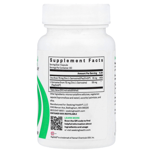 Seeking Health, цинк карнозин, 75 мг, 60 капсул