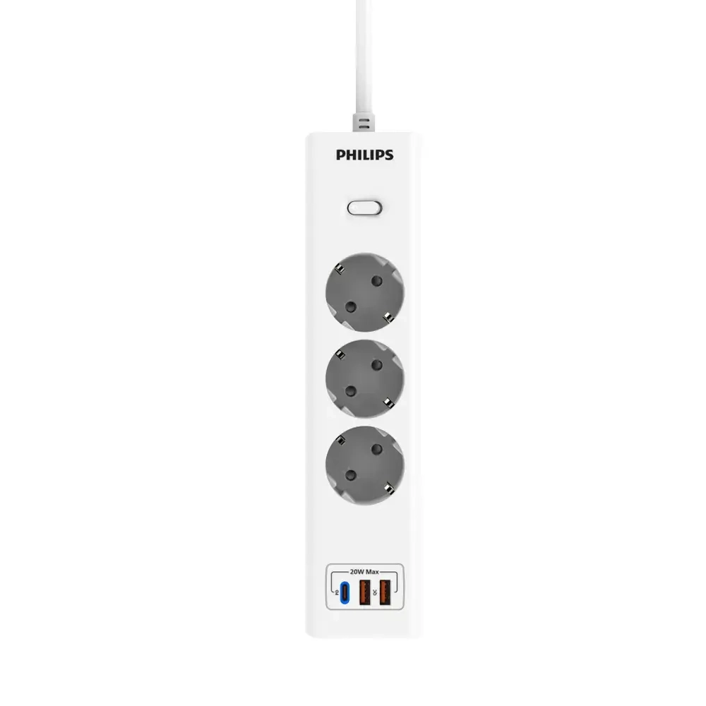 Сетевой фильтр удлинитель Philips CHP4336WA/51 с тремя стандартными розетками EU, 2 USB-A, Type-C, с заземлением и защитой от перегрузок, 2 м, белый