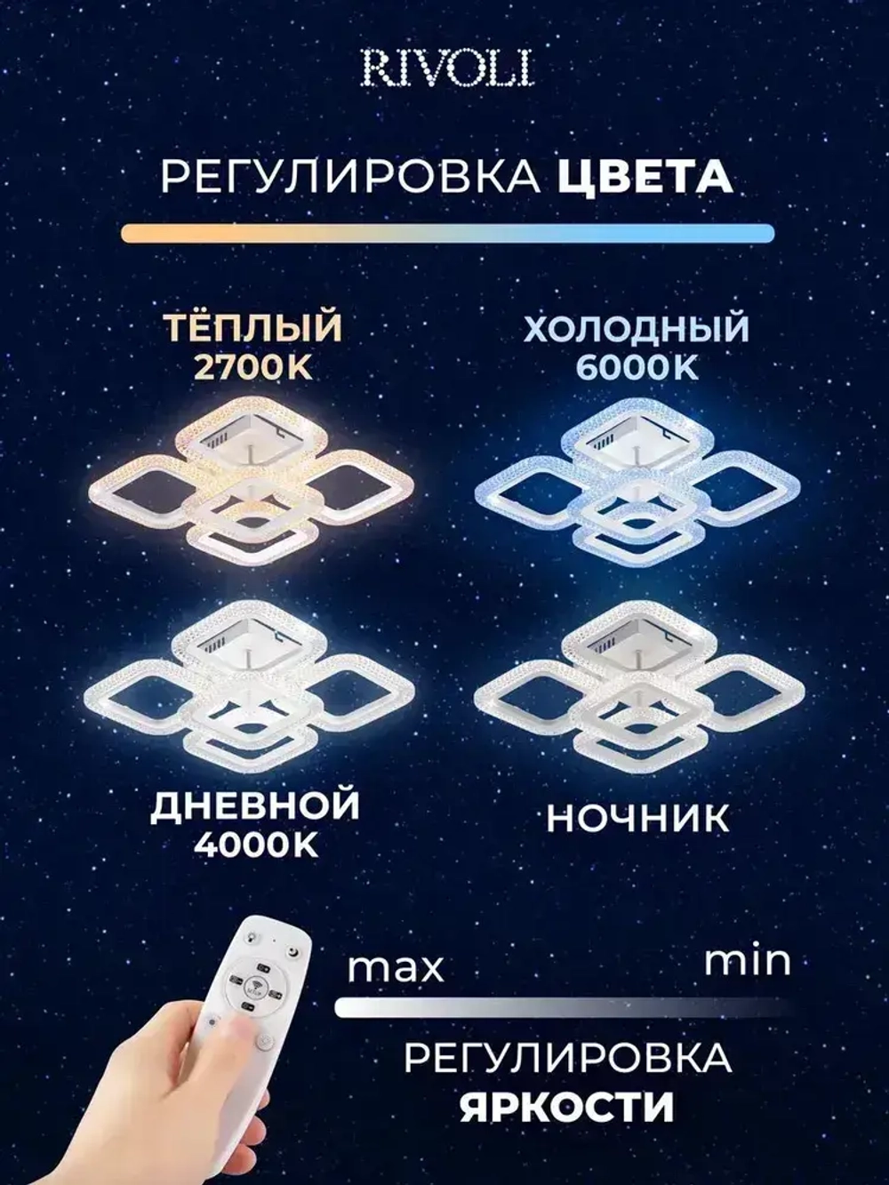 Люстра потолочная светодиодная с пультом ДУ Rivoli Nikki 6112-105 белая 80 Вт LED 2800К - 6200К, светильник на кухню, в детскую, в спальню