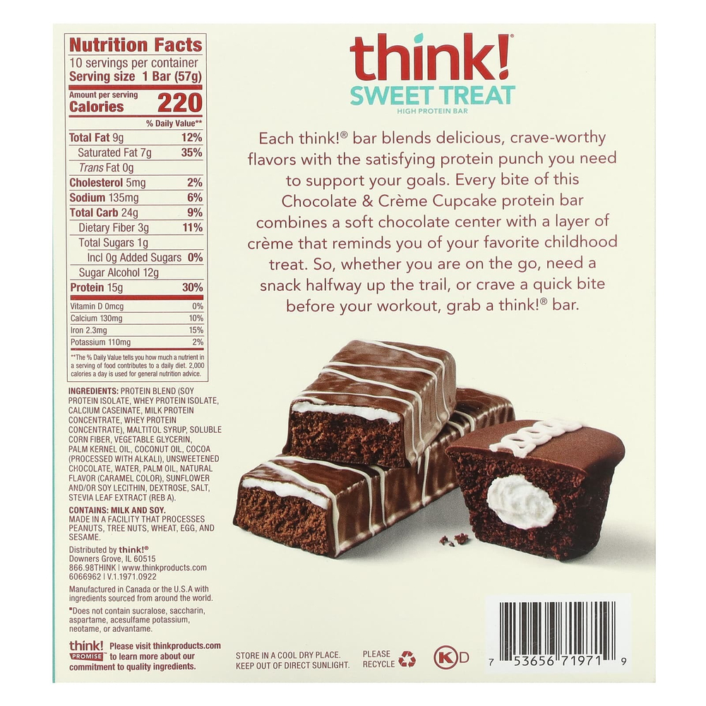 Think !, Sweet Treat, высокопротеиновый батончик, шоколад и кекс с кремом, 10 батончиков по 57 г (2,01 унции)
