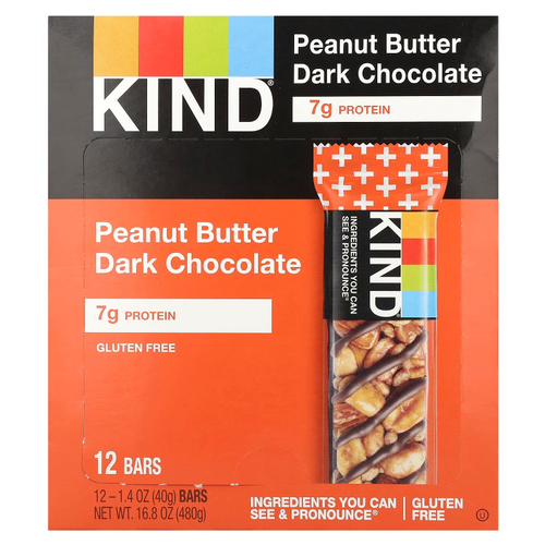 KIND Bars, Kind Plus, батончик из темного шоколада с арахисовой пастой, 12 батончиков по 40 г (1,4 унции)