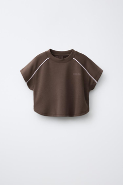 ZARA ФУТБОЛКА С КОНТРАСТНЫМИ ДЕТАЛЯМИ ИЗ МОДАЛА, КОРИЧНЕВЫЙ