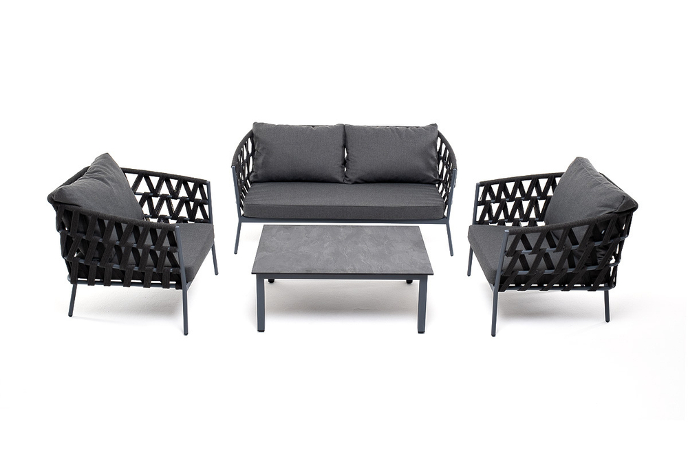 "Диего" лаунж-зона 4-местная плетеная из роупа со столиком "Канны" цвета "дуб", основание дуб, роуп бежевый