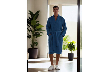 Халат вафельный мужской Home One голубой джинс 52-54