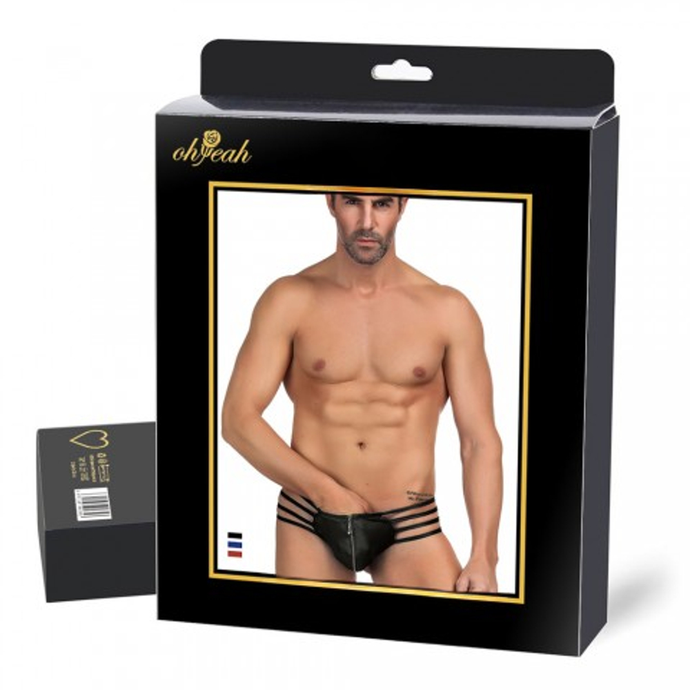 Кожаные мужские стринги Ohyeah Zipper Black, на молнии со стрепами, S