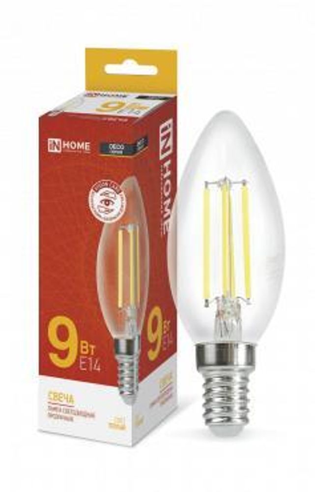 Лампа светодиодная LED-СВЕЧА-deco 9Вт свеча прозрачная 3000К тепл. бел. E14 1040лм 230В IN HOME 4690612026183 Лампа светодиодная LED-СВЕЧА-deco 9Вт свеча прозрачная 3000К тепл. бел. E14 1040лм 230В IN HOME 4690612026183