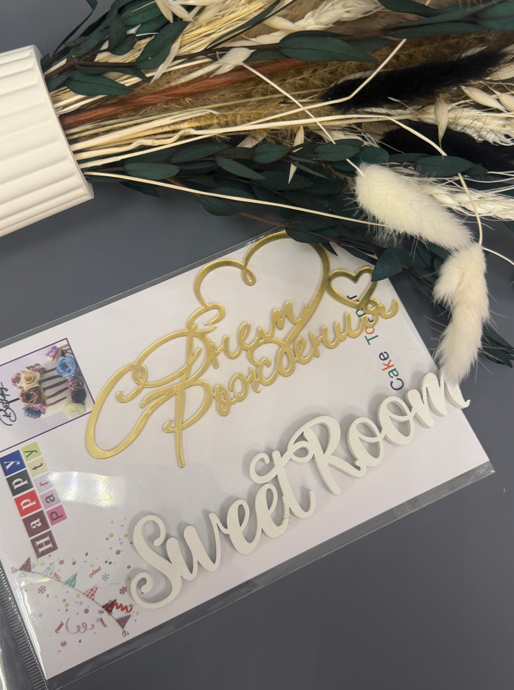 Топпер боковой "С Днем рождения двойное сердце" золотой