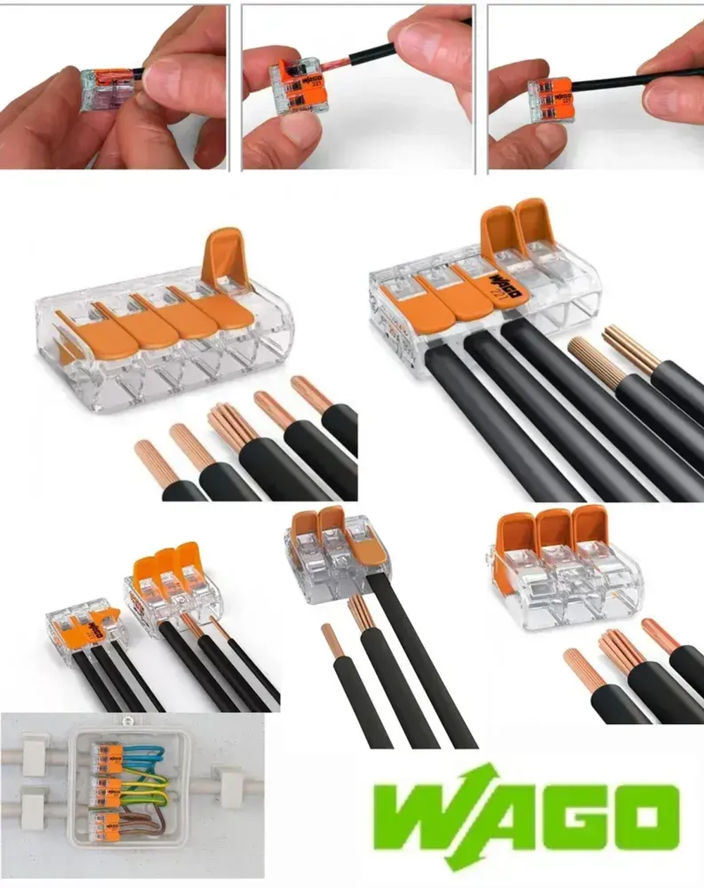 Клемма Wago 221-413, 3-х проводная для соединения проводов (Ваго), 10 шт