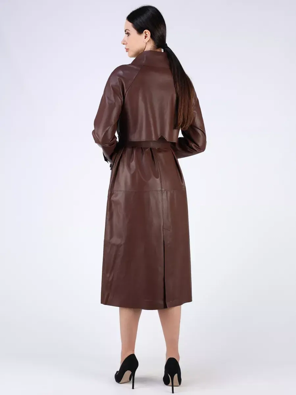 Кожаный тренч длинный с поясом плащ