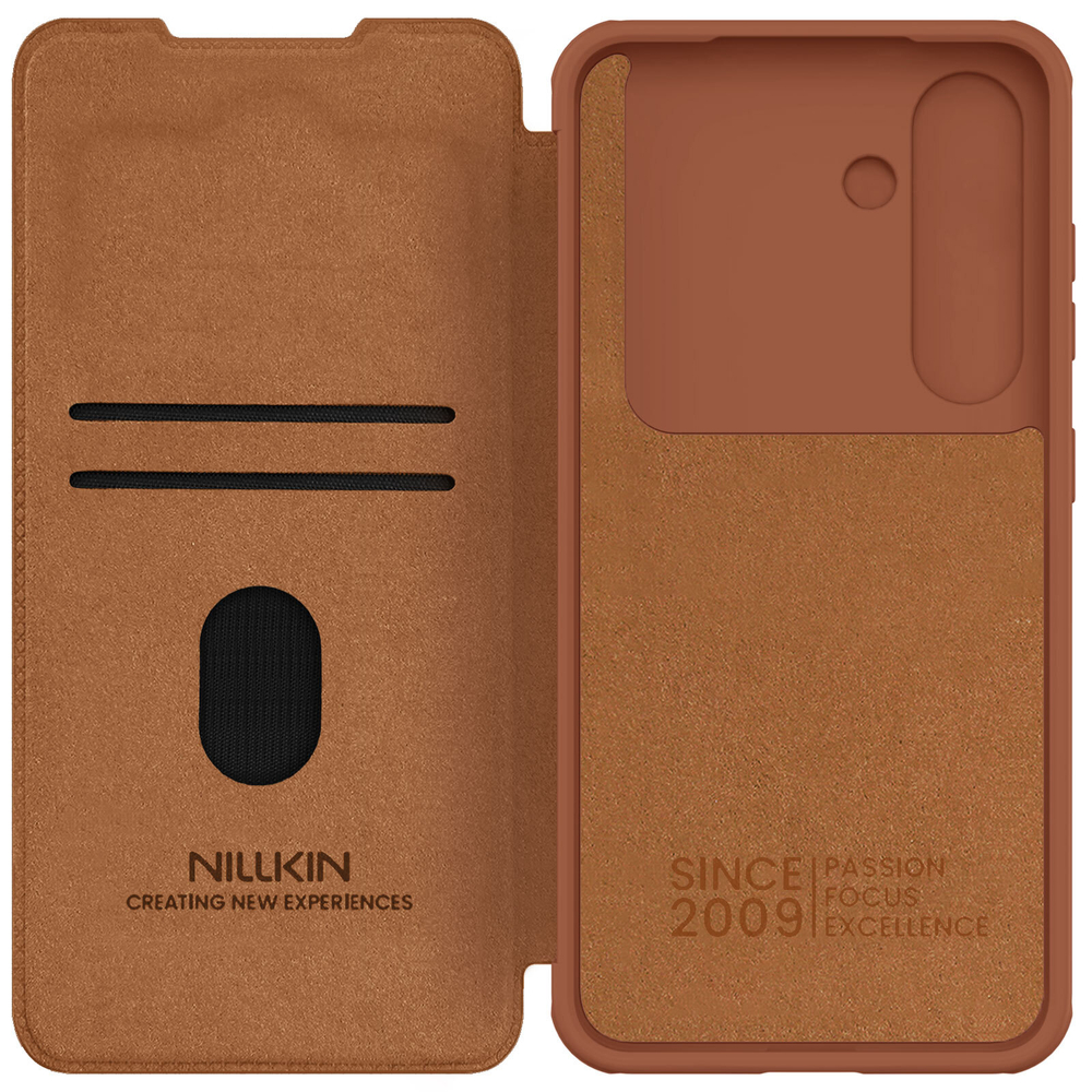 Кожаный чехол книжка коричневого цвета от Nillkin для смартфона Samsung Galaxy S25+, серия Qin Pro Leather с сдвижной защитной шторкой для камеры