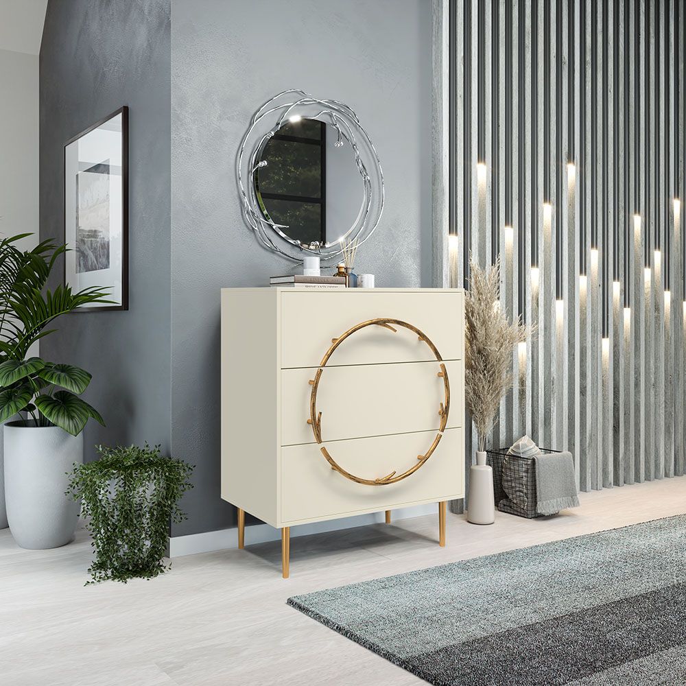 Комод Арт Колор matte Стайл Голд с 3 ящиками Кремовый белый матовый