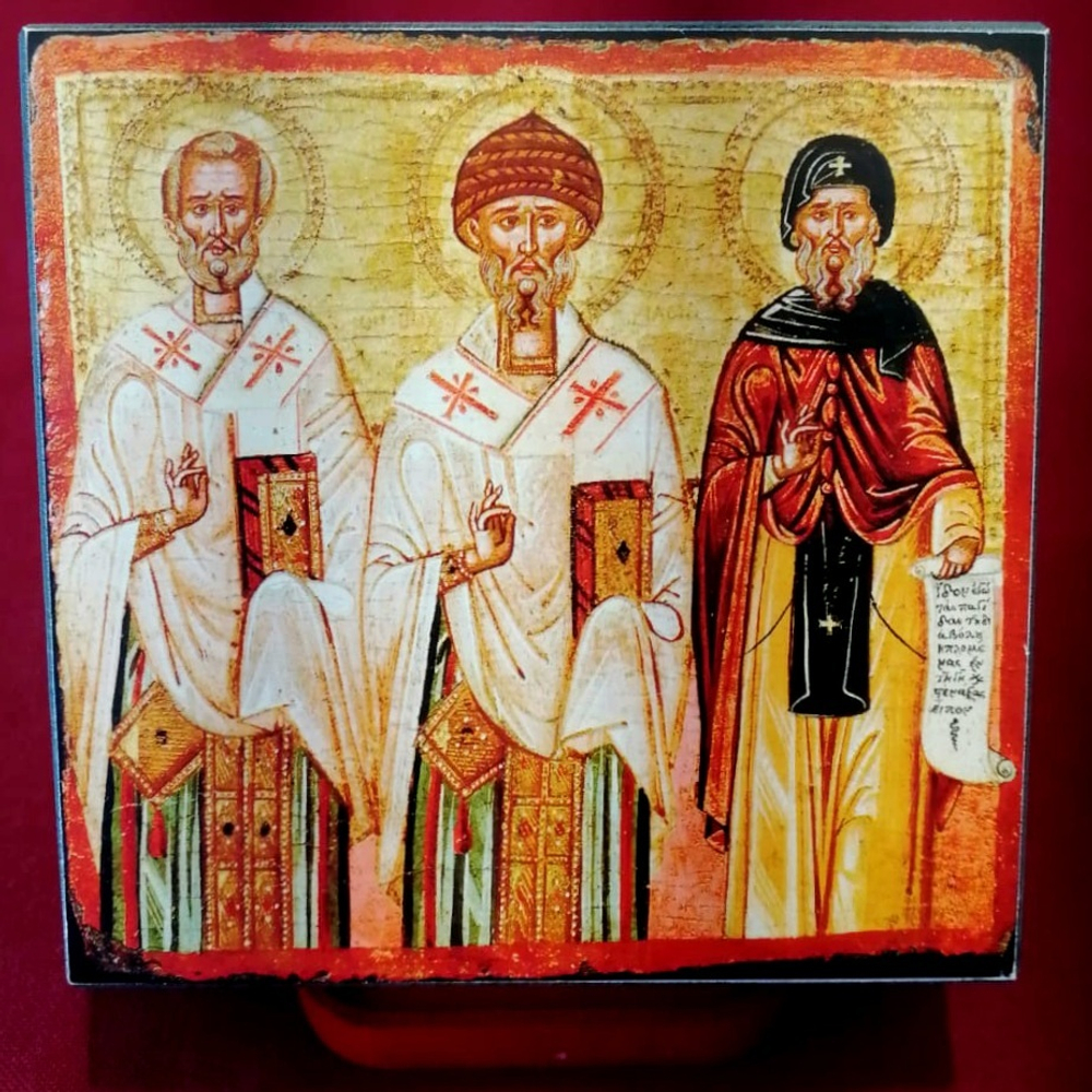 Икона святые Николай Чудотворец, Спиридон Тримифунтский и Антоний Великий на дереве на левкасе мастерская Иконный Дом