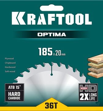 KRAFTOOL Optima, 185 х 20 мм, 36Т, пильный диск по дереву (36951-185-20)