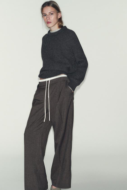 ZARA ШИРОКИЕ БРЮКИ С ДВОЙНЫМ ПОЯСОМ «ГУСИНАЯ ЛАПКА», ТЕМНО-КОРИЧНЕВЫЙ