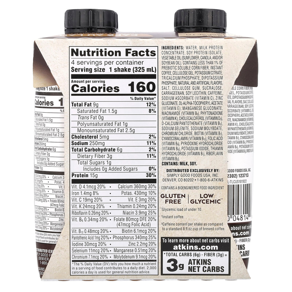 Atkins, Кофейный протеиновый коктейль со льдом, Cafe Au Lait, 4 коктейля, 325 мл (11 жидк. унц.)