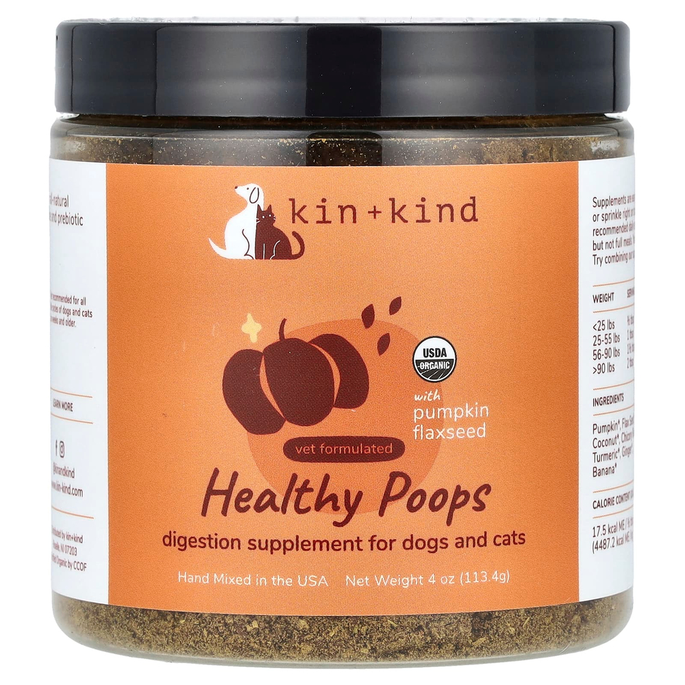 Kin+Kind, Healthy Poops, добавка для здорового пищеварения, с тыквой и семенами льна, для собак и кошек, 1134 г (4 унции)