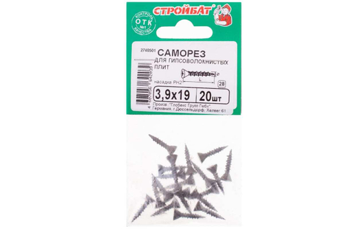 САМОРЕЗЫ СТРОЙБАТ ДЛЯ ГИПСОВОЛОК.ПЛИТ 3,9X19 (ФОСФАТ. 20 ШТ)