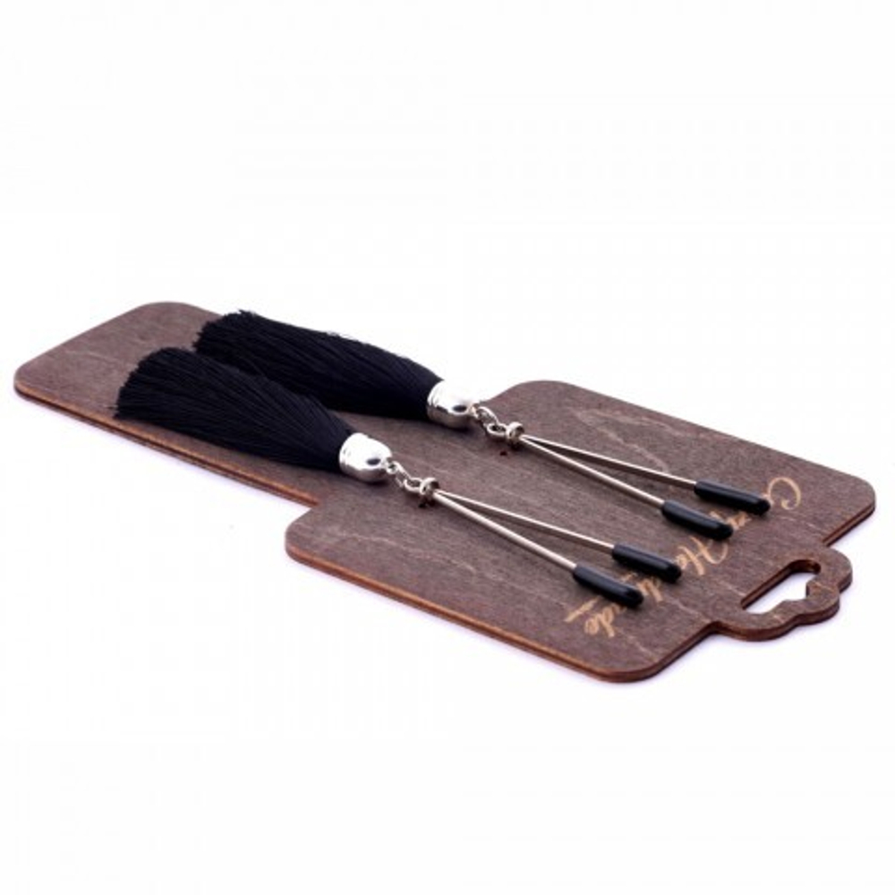 Зажимы на соски «вилки» с кисточками из шелка, черные