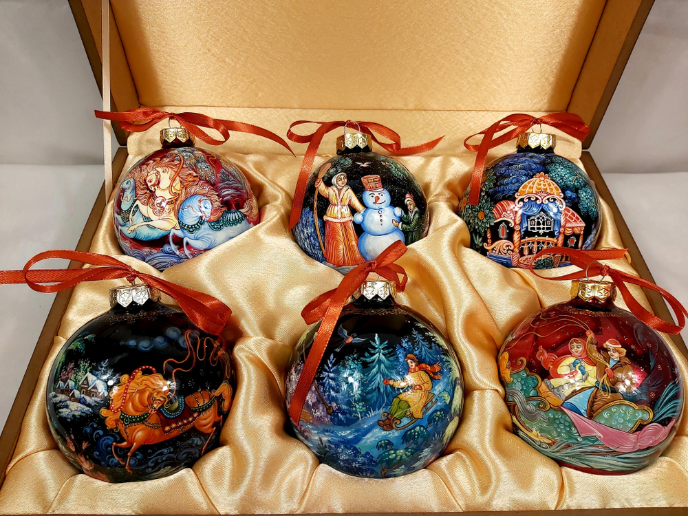 Сувенирный набор из 6-ти новогодних шаров с ручной росписью Палех