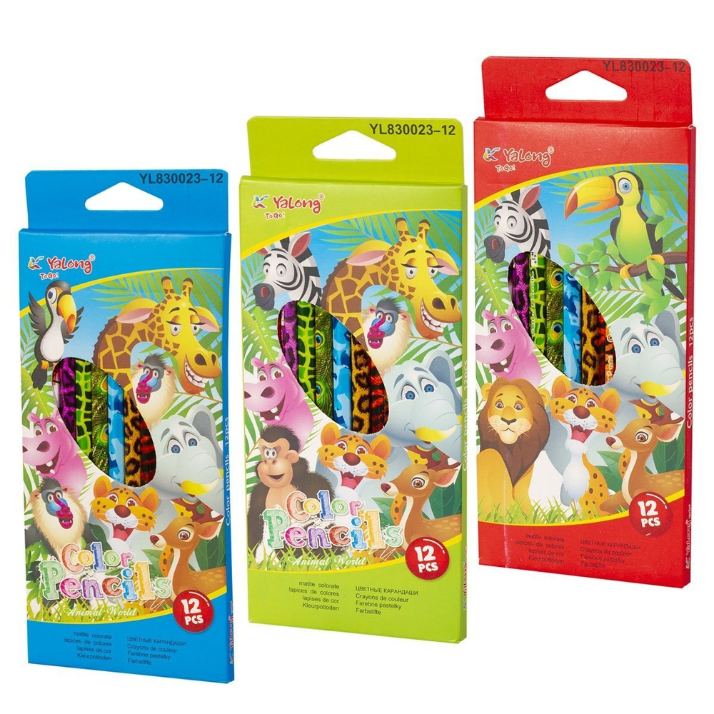 Карандаши цветные Yalong 12 цв., "ZOO. Зоопарк" деревянные, шестигранные, заточенные, дизайн на корпусе, грифель 2.8 мм, картон. уп., европодвес