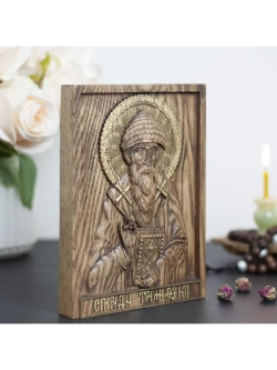 Спиридон Тримифунтский икона деревянная резная, ясень 02