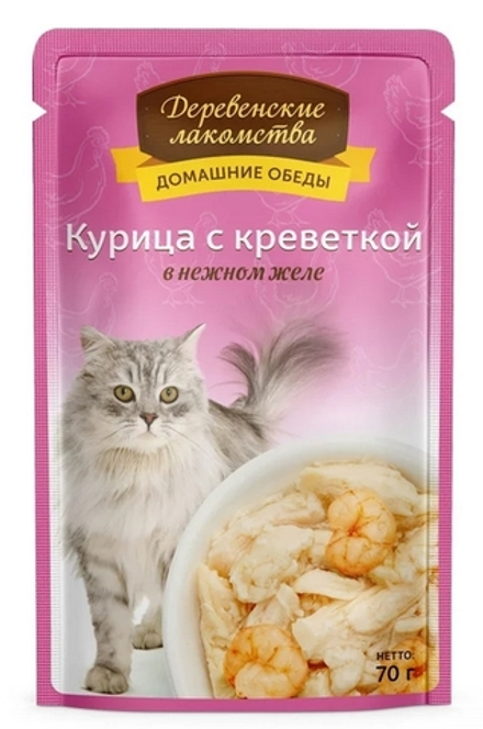 Деревенские Лакомства Пауч для кошек Курица с Креветкой в желе, 70гр (М)