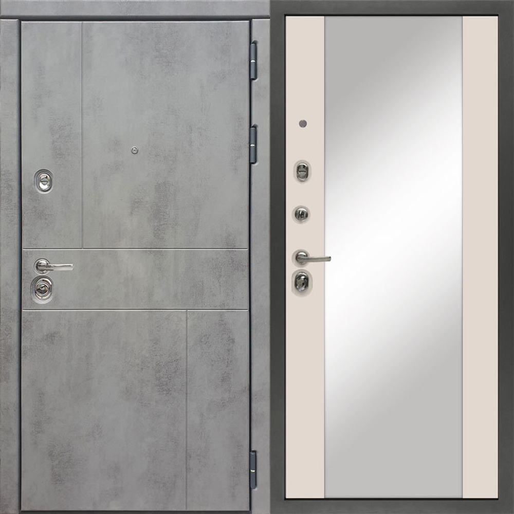 Входная дверь в квартиру Сударь МД 48 М1 темный бетон / Большое зеркало Софт шампань (кремовый, без текстуры)