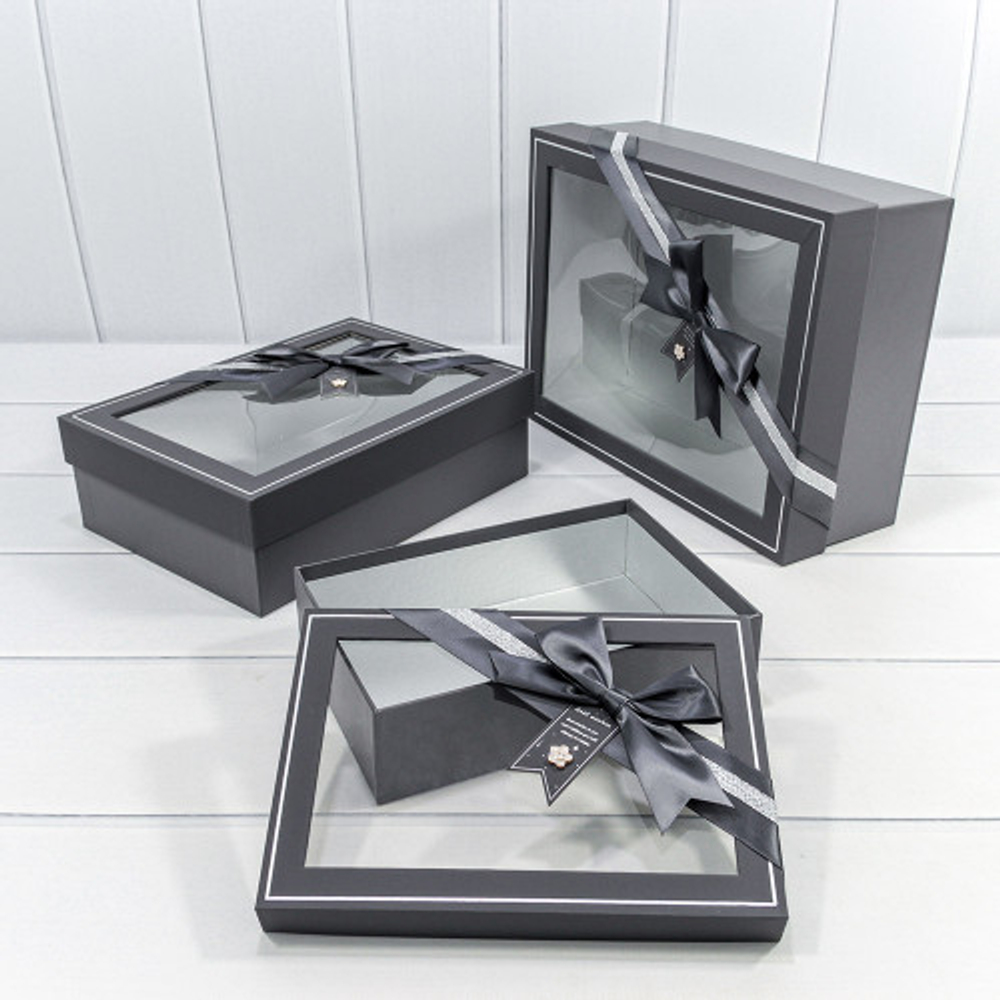 Коробка 33.5х25х11.5 см Набор 3 шт с окошком и бантом (Серый)