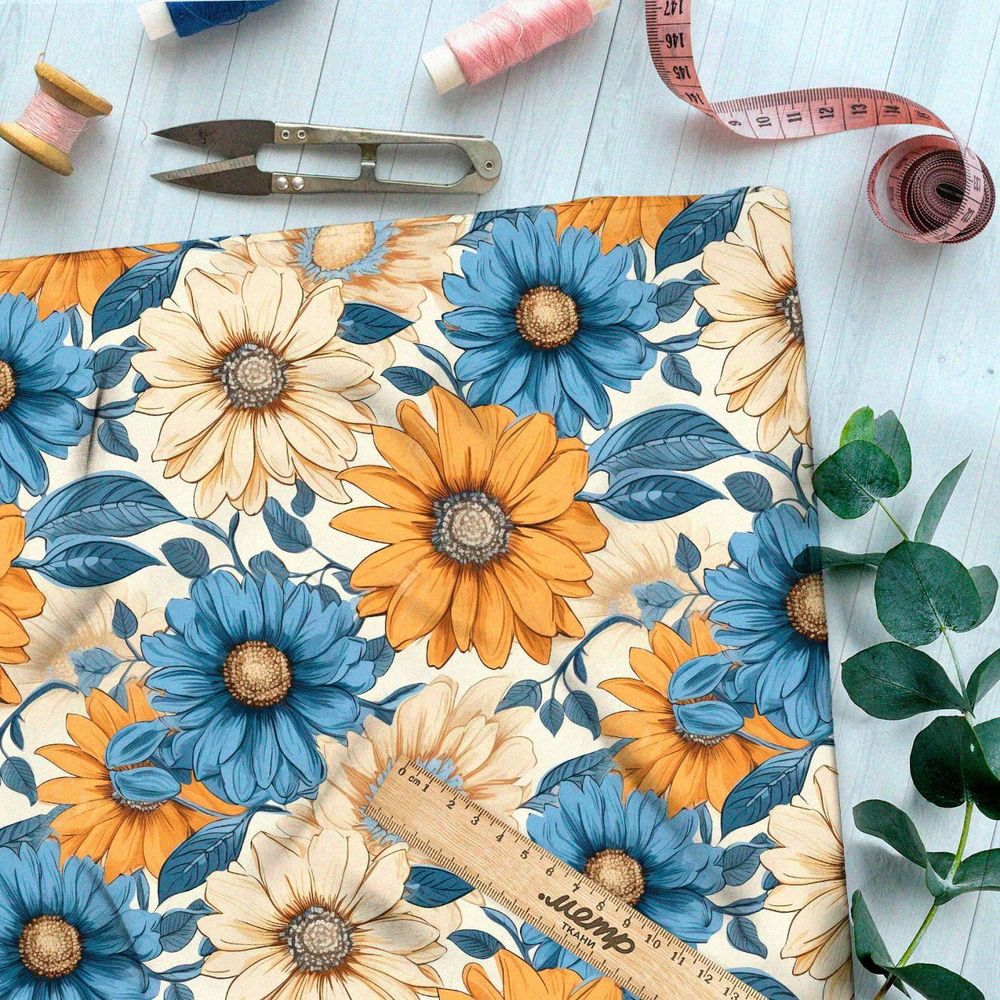 Ткань премиум атлас голубые и оранжевые цветы