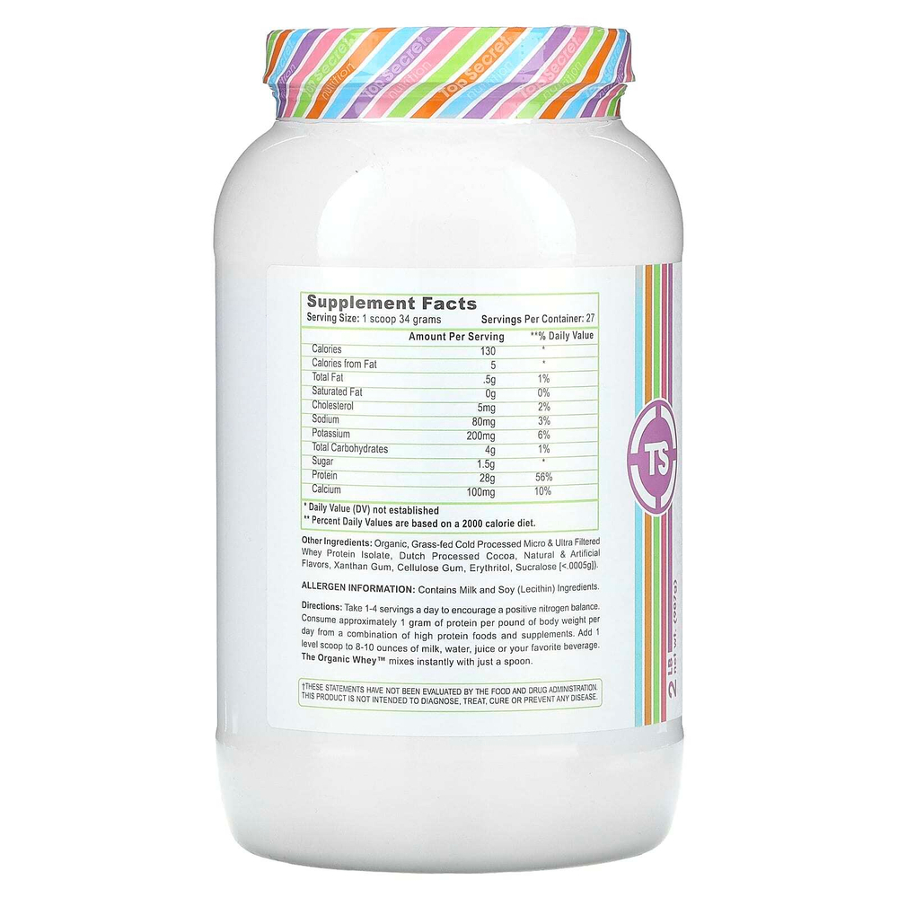 Top Secret Nutrition, The Organic Whey, молочный коктейль с шоколадной помадкой, 907 г (2 фунта)