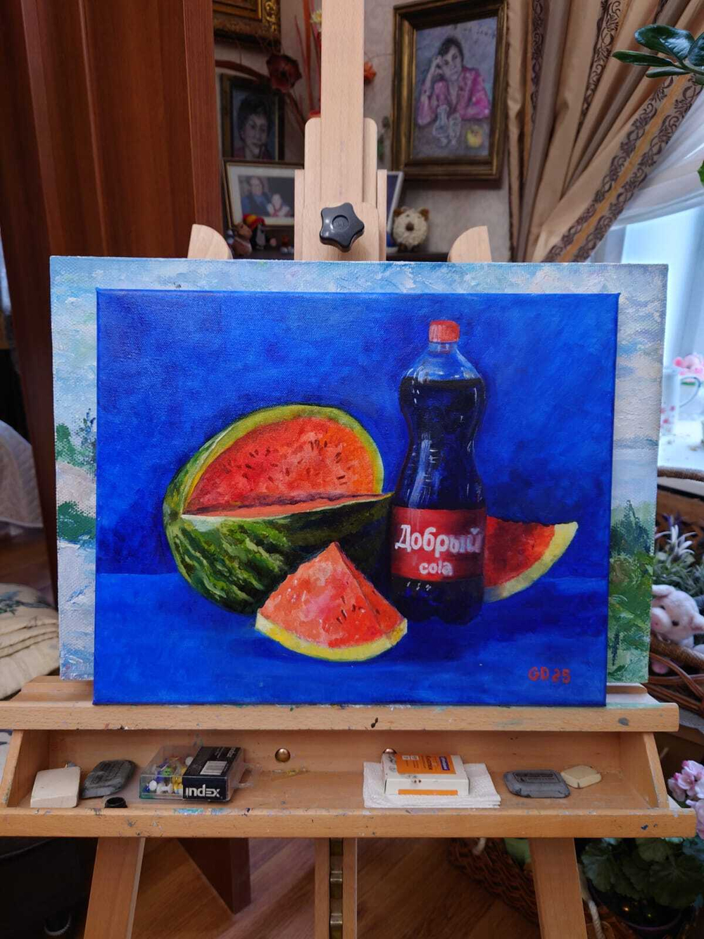 Картина авторская маслом на холсте 33х41 см на стену для интерьера "Натюрморт с арбузом"