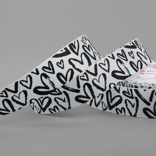 Лента репсовая / 25 мм / цвет: белый/чёрный «Сердца»