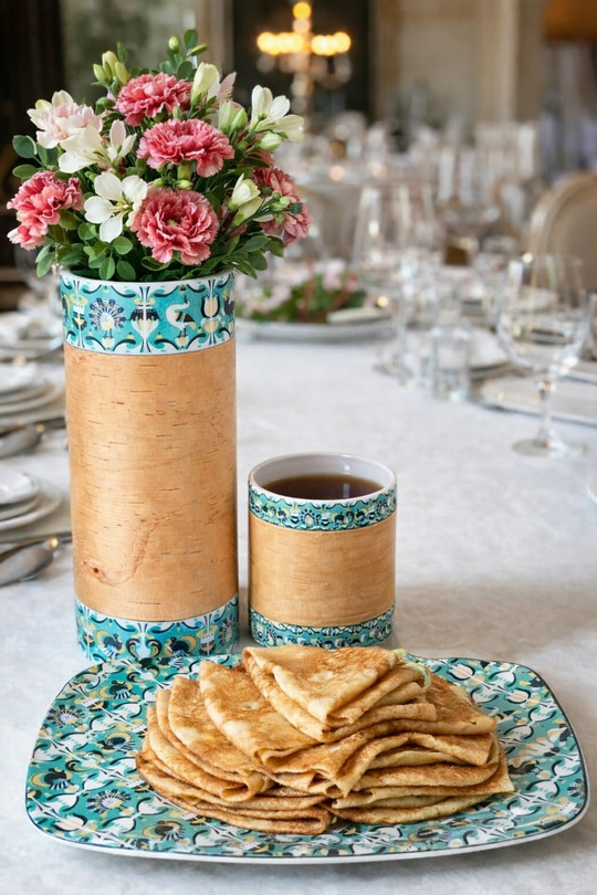 Набор фарфоровой посуды с берестой из 4х изделий (кружка большая, кружка малая, ваза, блюдо). Коллекция Изразец Коломенское. Птицы. Бревно (Log).