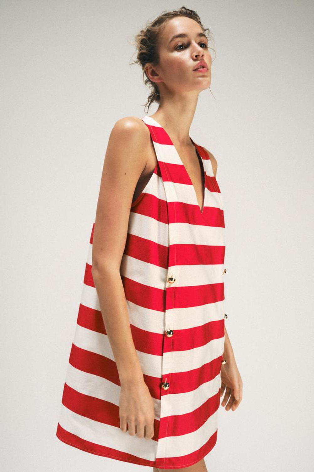 ZARA МИНИ-ПЛАТЬЕ В ПОЛОСКУ, БЕЛЫЙ/КРАСНЫЙ