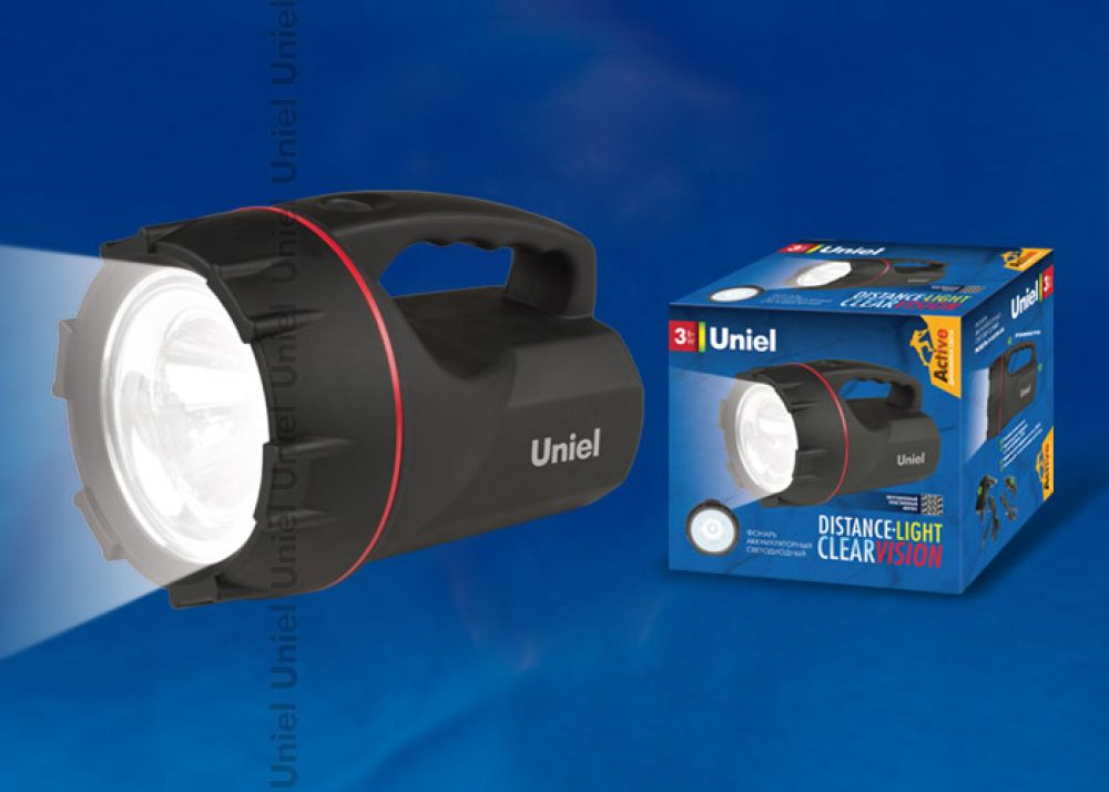 S-SL018-BA Black Фонарь Uniel серии Стандарт «Distance light — Clear Vision», прорезиненный корпус, 3W Led, упаковка — цветной короб, 3.7V 1100mAh Li-
