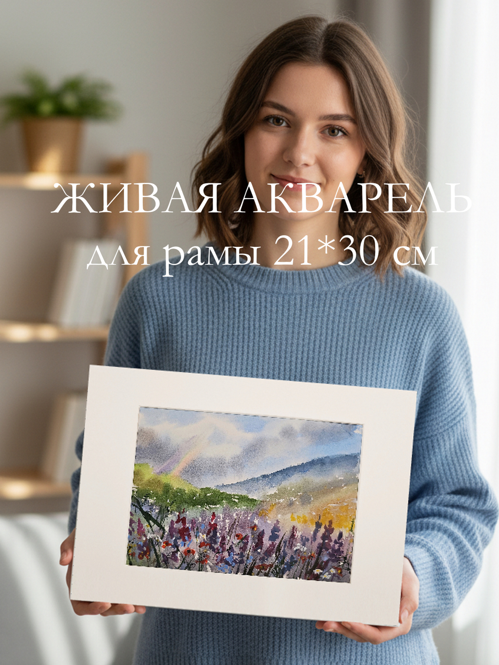 Картина авторская акварельная в паспарту 21х30 см на стену для интерьера "Перевернутая радуга"