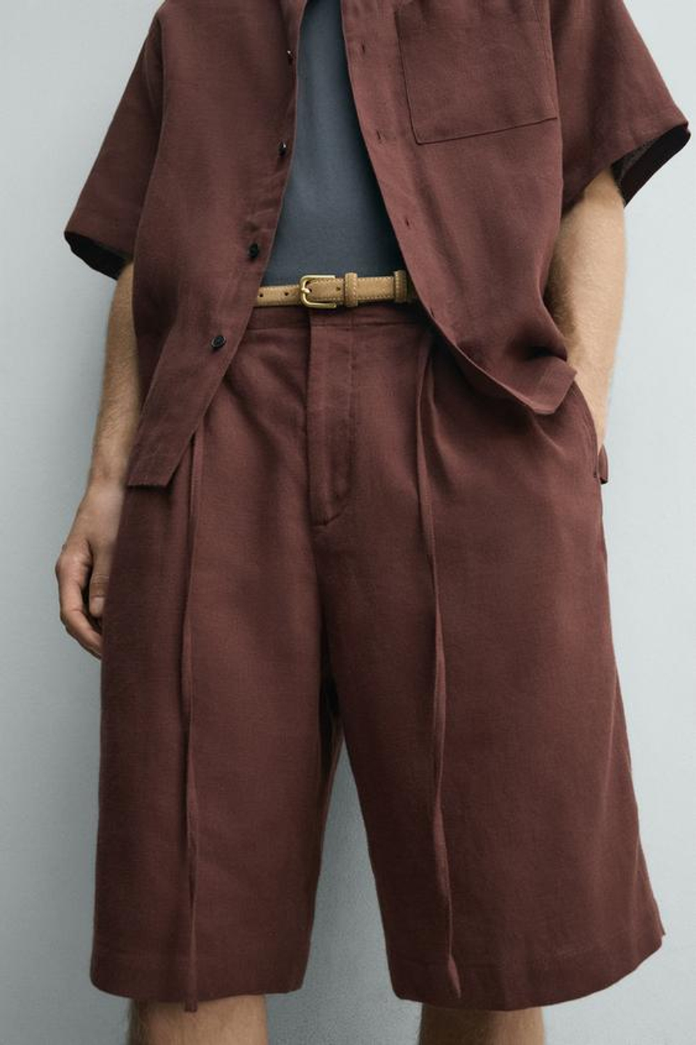 ZARA БЕРМУДЫ WIDE FIT ИЗ СМЕСОВОГО ЛЬНА, БОРДОВЫЙ