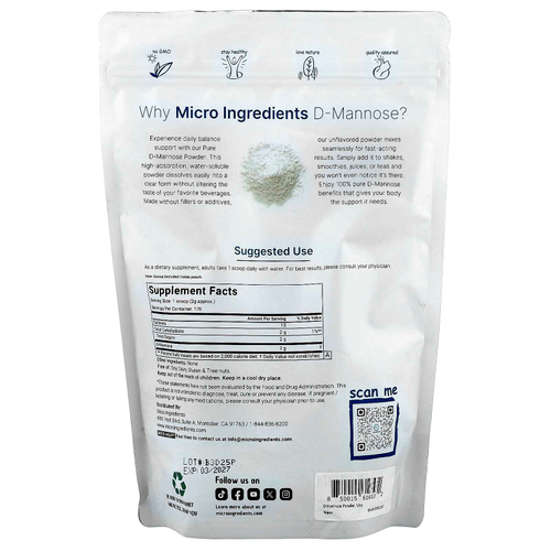 Micro Ingredients, D-манноза в порошке, 340 г (12 унций)