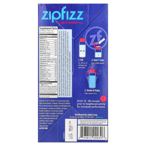 Zipfizz, смесь для энергетического напитка, голубая малина, 20 тюбиков по 11 г (0,39 унции)