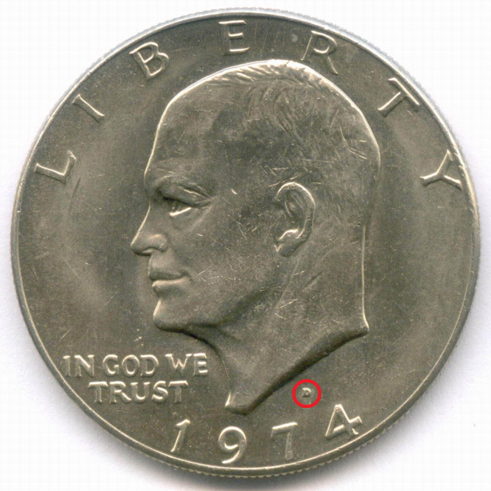 1 доллар 1974 год (D). США. Эйзенхауэр. Медь с медно-никелевым покрытием, диаметр 38.1 мм. AUNC