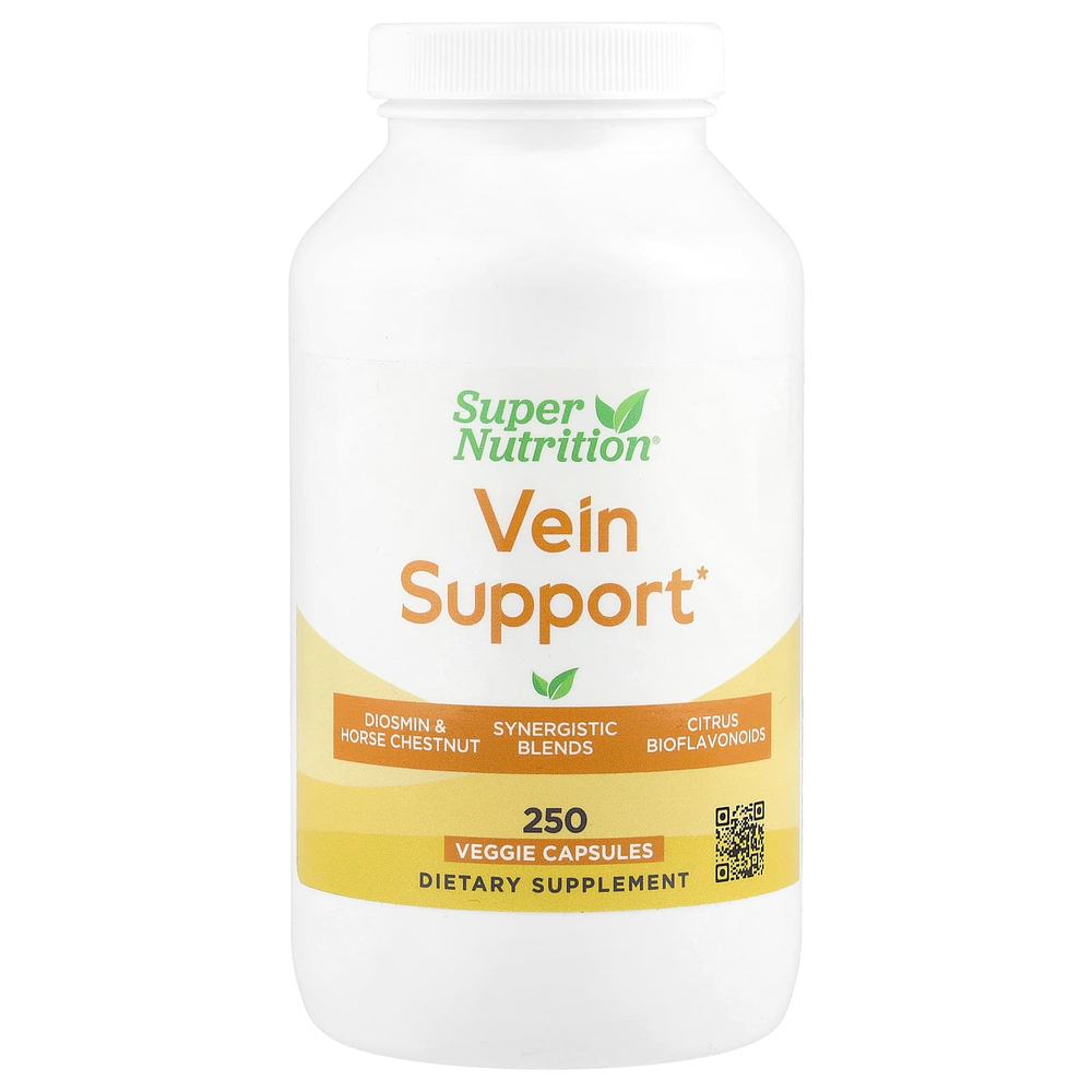 Super Nutrition, добавка для поддержки вен с диосмином, иглицей колючей, конским каштаном, биофлавоноидами и ферментами, 250 растительных капсул