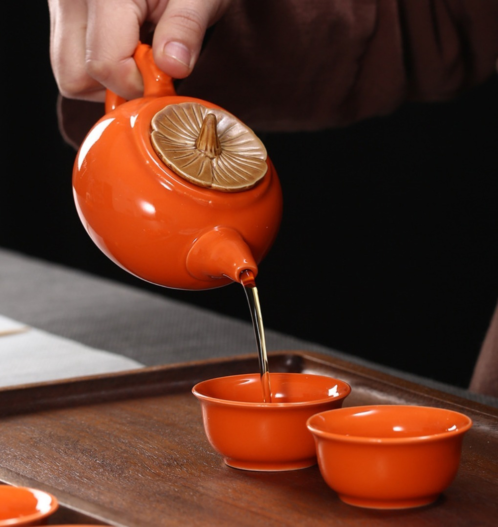 278109 Сервиз "Хурма" чайник 160мл, 4 пиалы 40 мл, в подар.коробке, фарфор оранжевый