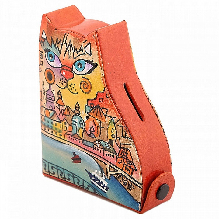 Копилка под мелочь Кошка Венеция, цвет рыжий, натуральная кожа, ручная роспись 11,5x9,5x3 см.