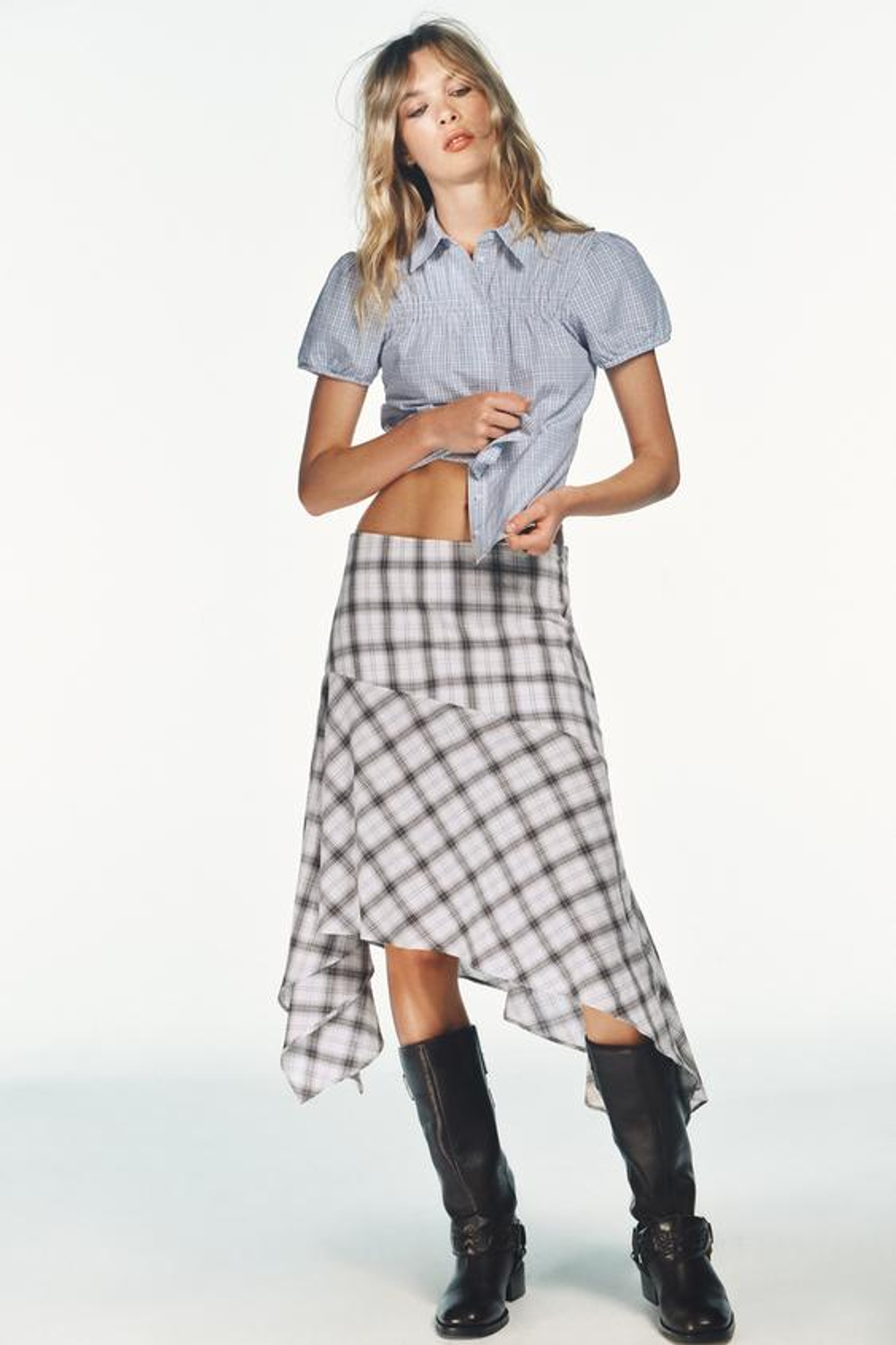 ZARA ЮБКА В КЛЕТКУ АСИММЕТРИЧНОГО КРОЯ, ЭКРЮ/СИНИЙ