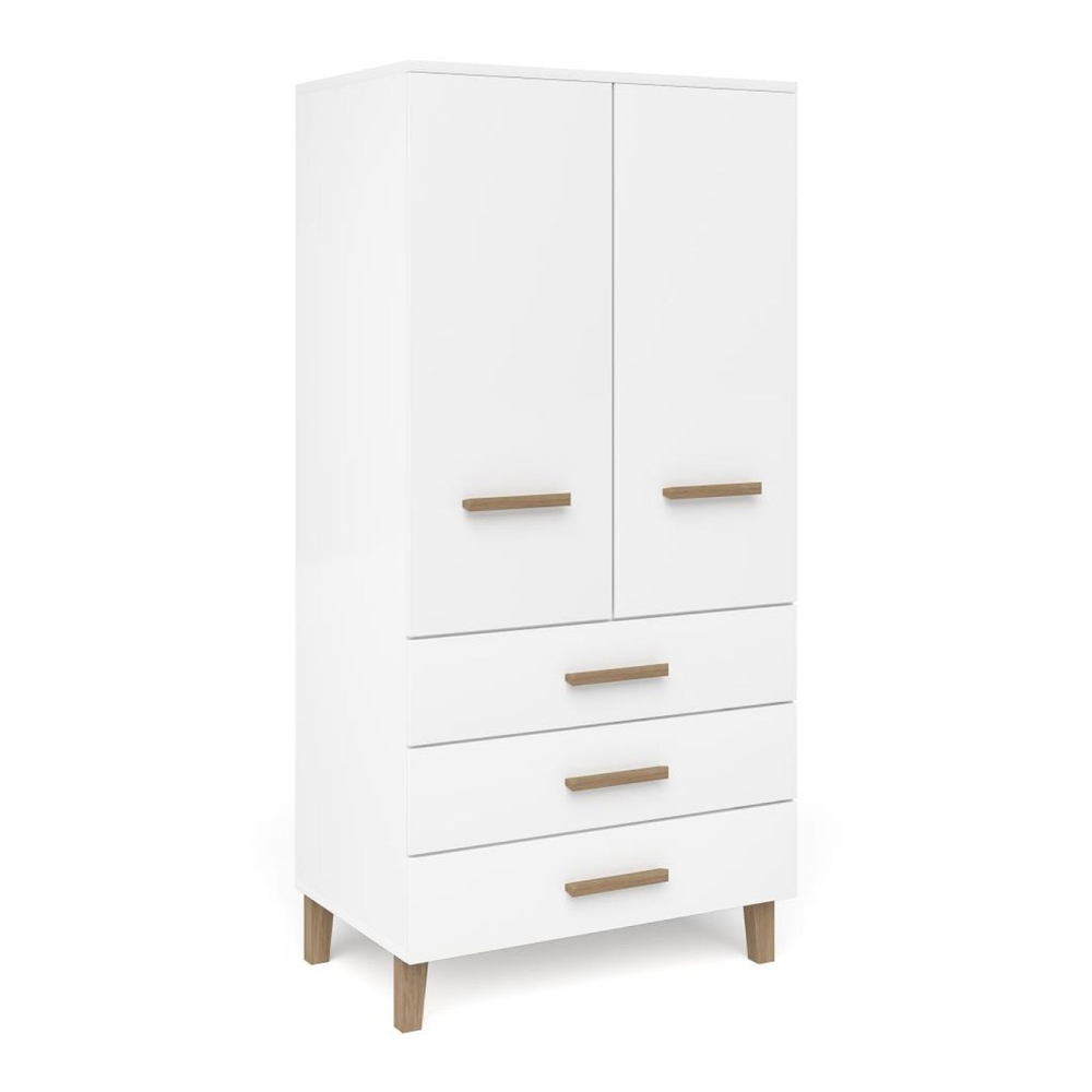 Шкаф для одежды Чек распашной белый в детскую комнату с дубовыми ручками и ножками, двухдверный