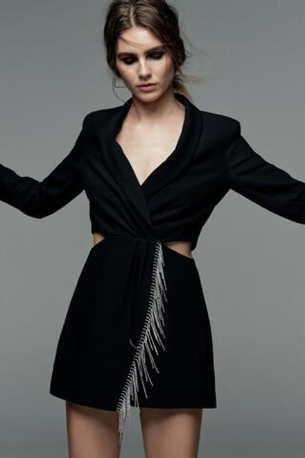 ZARA КОМБИНЕЗОН С ВЫРЕЗОМ И БУСИНАМИ, ЧЕРНЫЙ